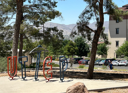 A metal bike rack at University of Texas-El Paso spells out the letter "UTEP." 