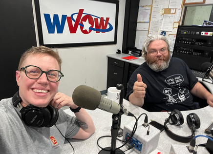 ALA President Emily Drabinski with Aaron Stone at WVOW radio in Logan, West Virginia. 