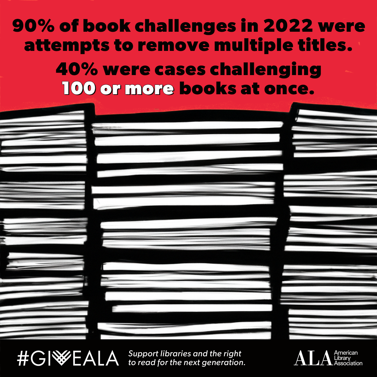 90% of book challenges in 2022 were attempts to remove multiple titles. 40% were cases challenging 100 or more books at once. #GiveALA Support libraries and the right to read for the next generation. American Library Association. 