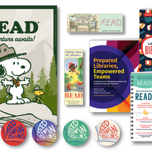 A collage of library-themed items including a Snoopy "READ" poster, bookmarks, books, buttons, and a reading planner.