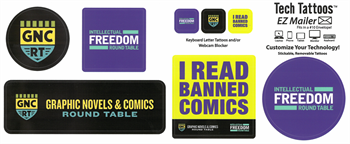 collection of cool decals from GNCRT and IFRT including "I read banned comics"