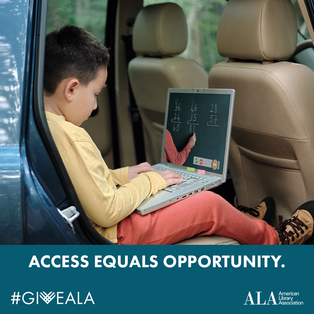 Access equals opportunity. #GiveALA. American Library Association. Boy using laptop to attend school in backseat of car.