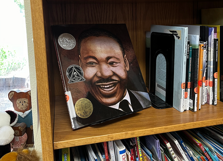 The book "Martin's Big Words" on the shelf at Corona Public Library