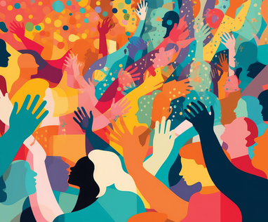 Participation illustration with colorful illustrations of people reaching into the air