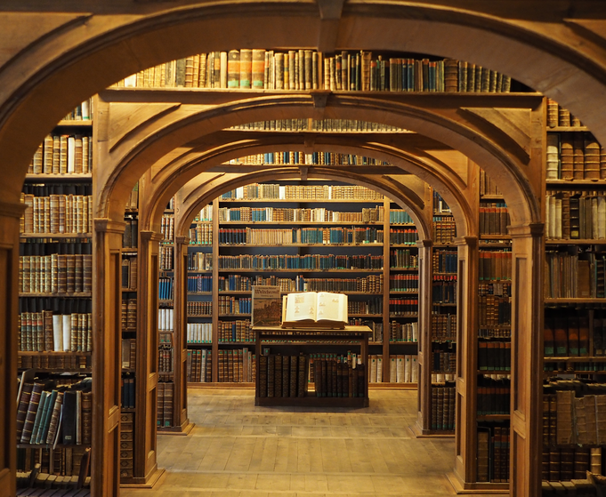 Library stacks surrounded by wooden architecture