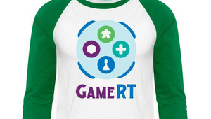 White t-shirt with green sleeves and large GameRT logo centered in the chest area.