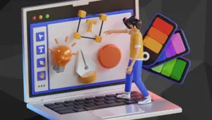 A person in a yellow shirt and blue pants walks around a giant laptop manipulating text boxes, a pen tool, shapes, and color swatches.