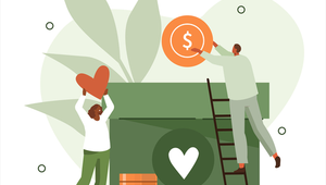 Donation illustration with cartoon people lifting money into a plant