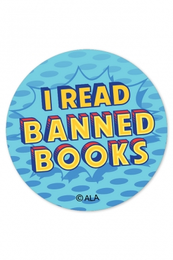 Blue sticker with "I read banned books" text