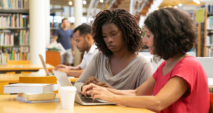 A librarian assists a patron at a computer