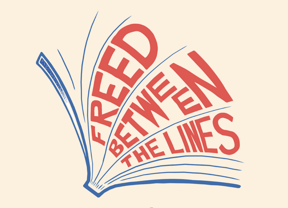 THe words "Freed Between the Lines" appear between the pages of an open book