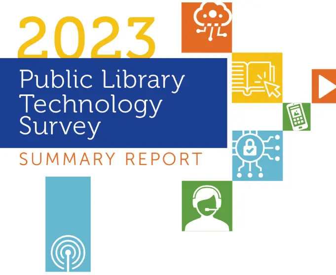 Stylized graphical icons of technology, including ebooks, voice over IP, mobile phone, and cloud computing and storage; with title text "2023 Public Library Technology Survey Summary Report."